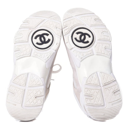 Chanel Suede Calfskin Fabric CC Sneakers 37.5 White Grey 7 of 11
