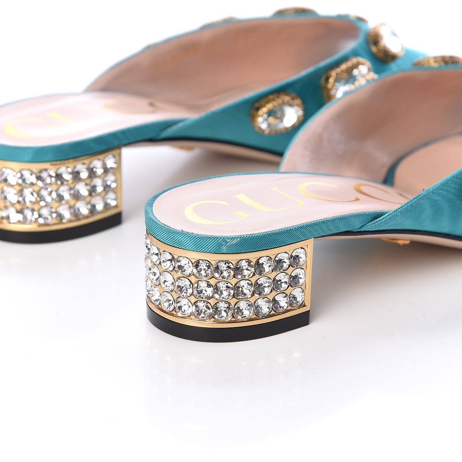 Gucci Moire Fabric Crystal Embellished Lyric Slide Sandals 36 TurquoIse 5 of 11