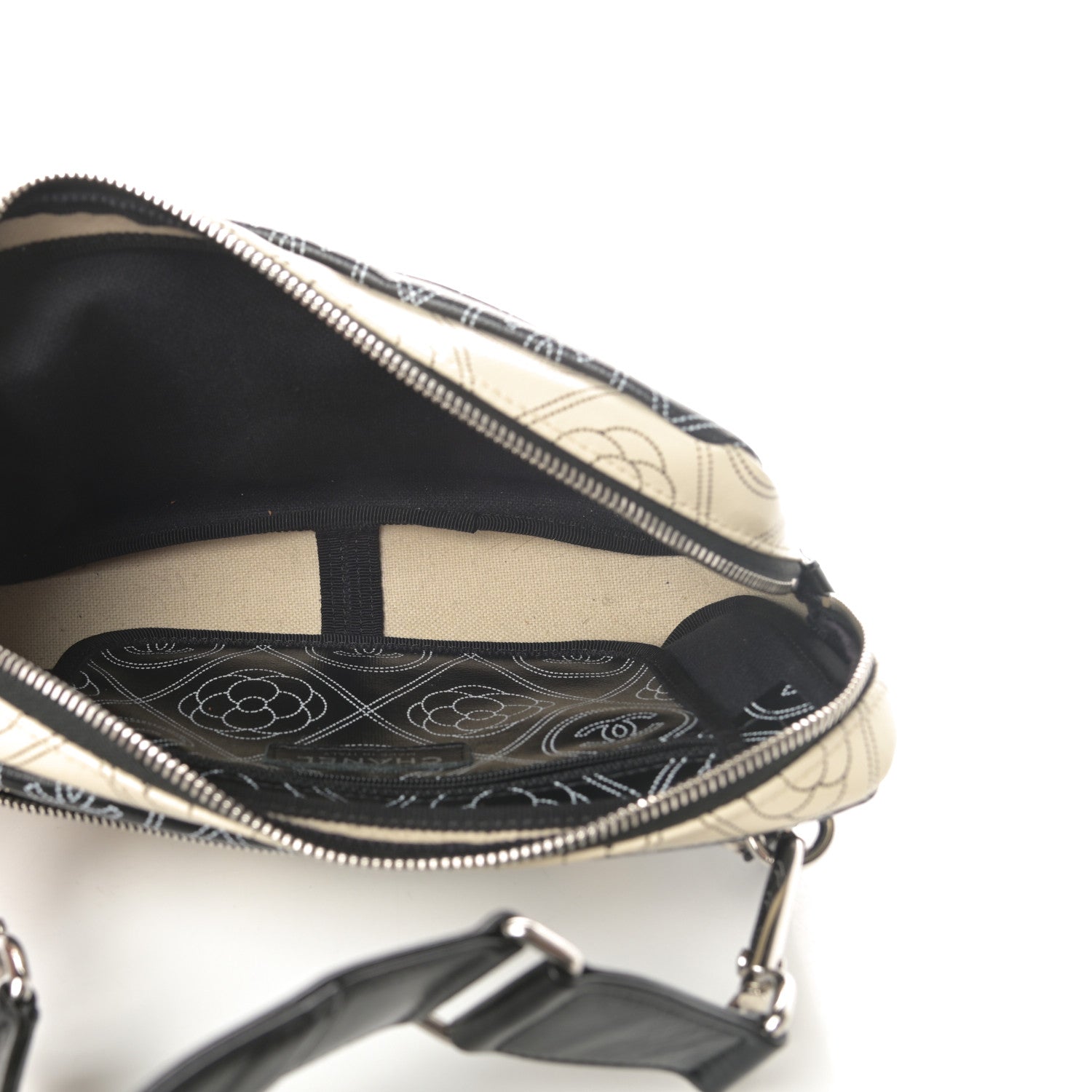 Chanel Coated Canvas Calfskin Camellia Printed Camera Case Black Beige 6 of 11