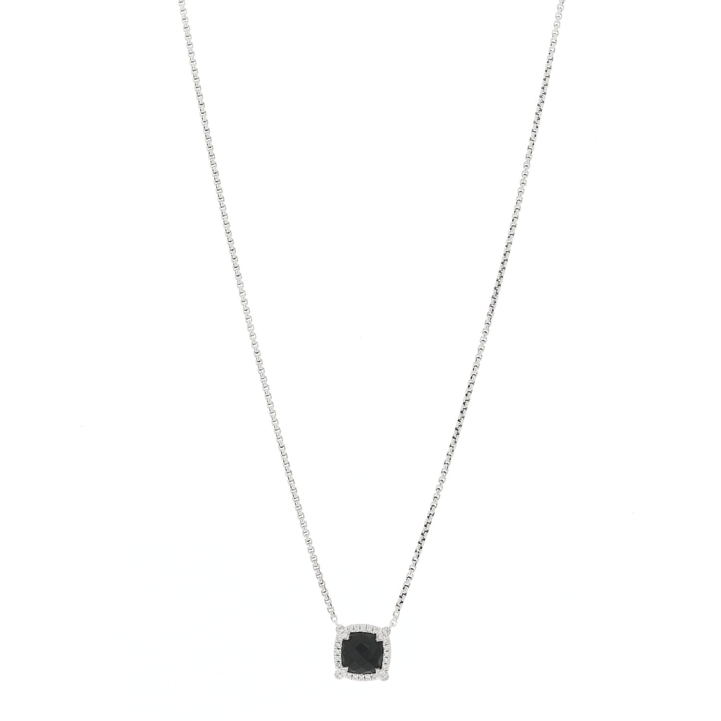 Sterling Silver Diamond Black Onyx 7mm Chatelaine Pave Bezel Pendant Necklace