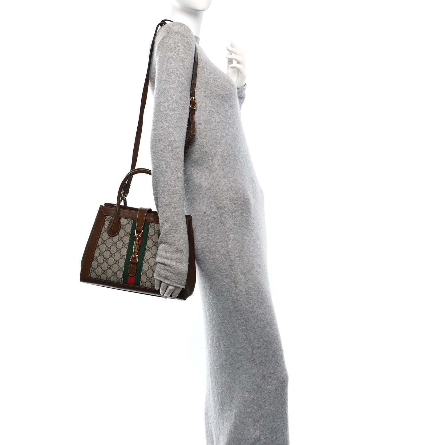 GG Supreme Monogram Azalea Calfskin Web Medium Jackie 1961 Tote Beige Ebony Brown Sugar