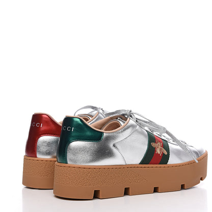 Gucci Metallic Nappa Web Bee Embroidered Womens Ace Platform Sneakers 37.5 Argento Red Flame 4 of 9