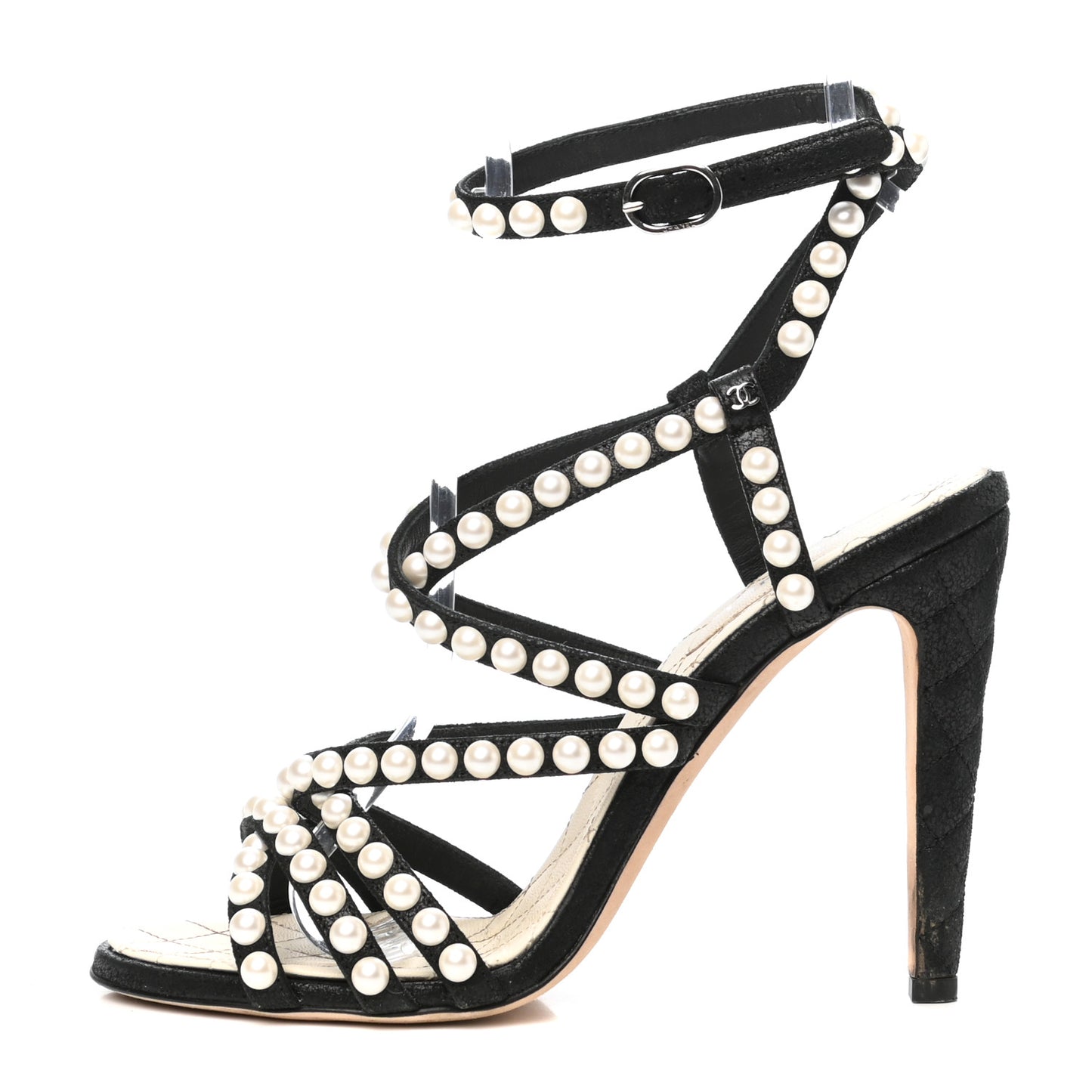Crackled Lambskin Pearl Sandals 37.5 Black