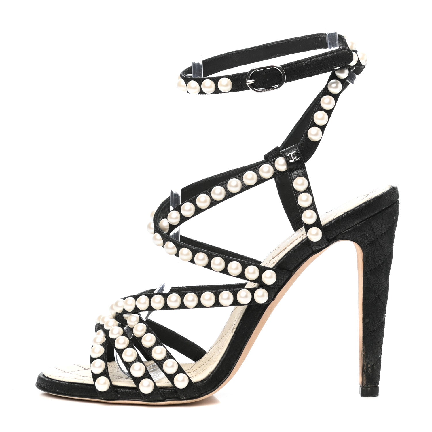 Chanel Crackled Lambskin Pearl Sandals 37.5 Black 1 of 7