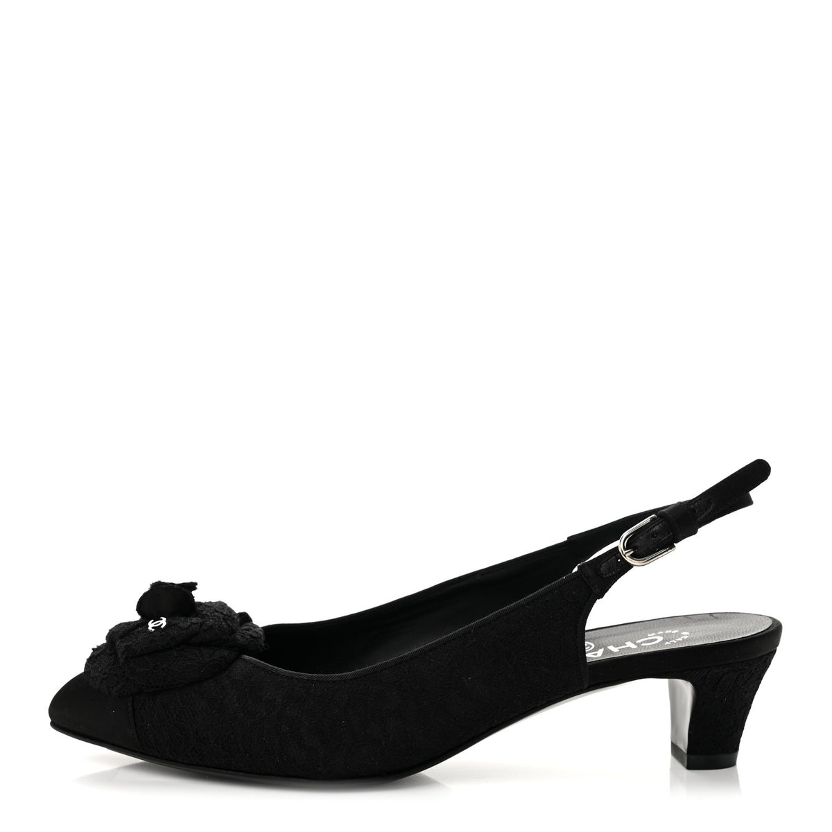 Lace Camellia CC Slingback Pumps 38 Black