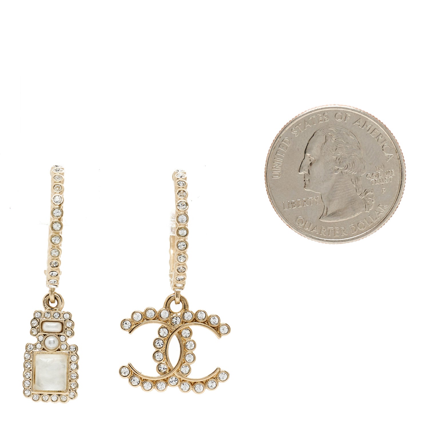 Chanel Crystal Pearl CC Perfume Bottle Drop Hoop Earrings Gold 2 of 6