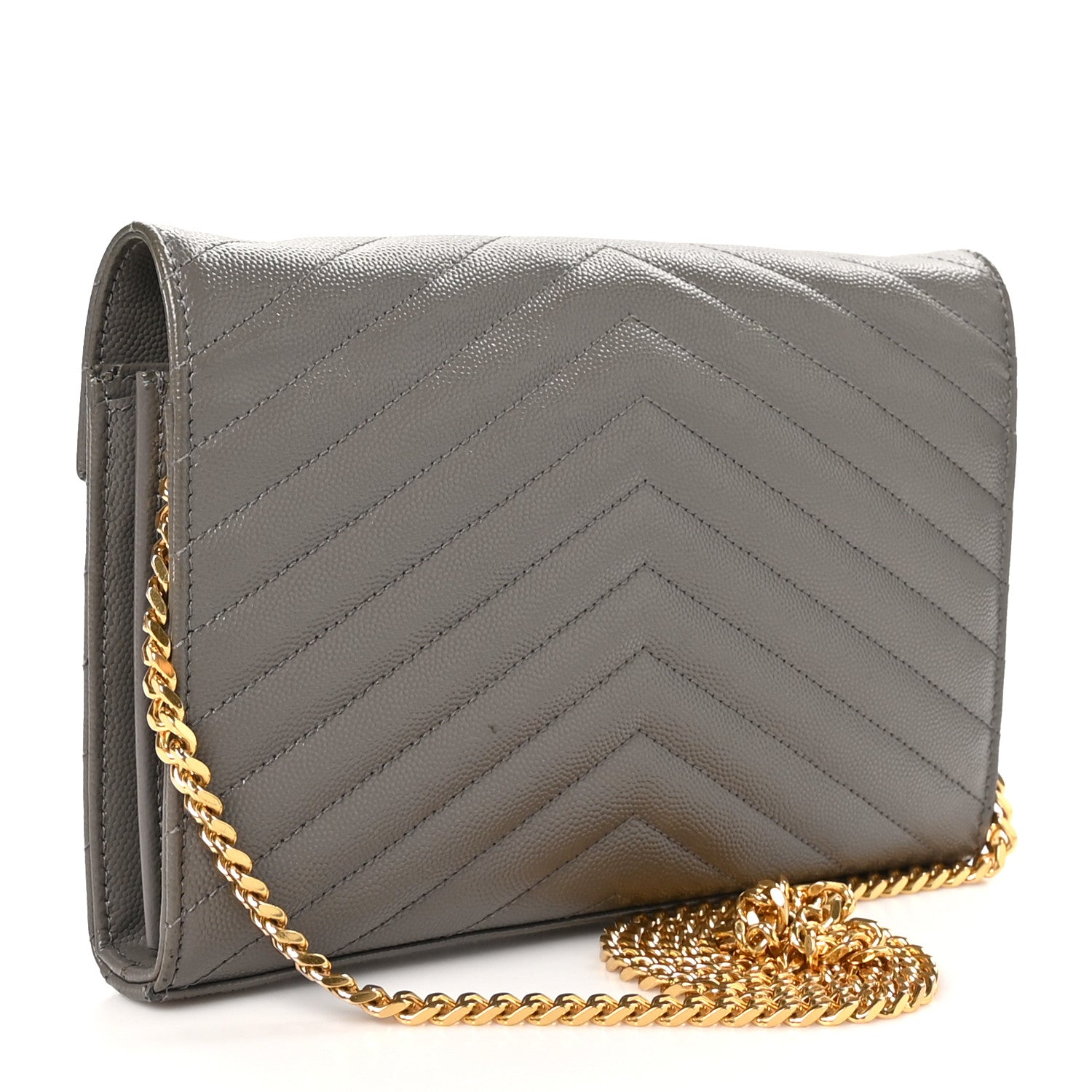 Saint Laurent Grain De Poudre Matelasse Chevron Monogram Chain Wallet Fog 3 of 11