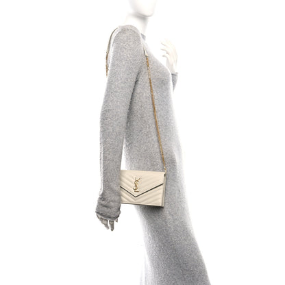 Saint Laurent Grain De Poudre Matelasse Chevron Monogram Envelope Chain Wallet Crema Soft 2 of 10