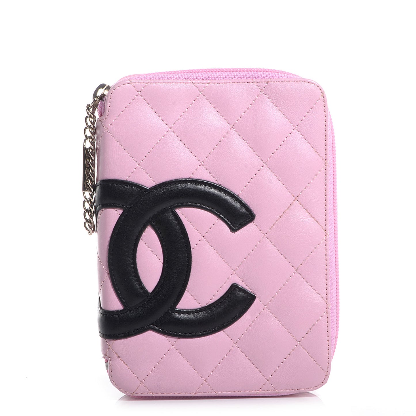 Calfskin Quilted Cambon Zip Around Makeup Pouch Pink Black