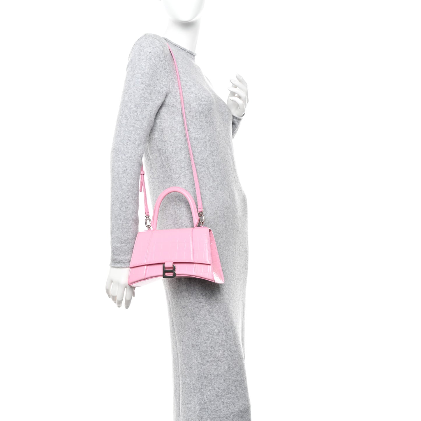 Semi Shiny Calfskin Crocodile Embossed Small Hourglass Top Handle Bag Pink