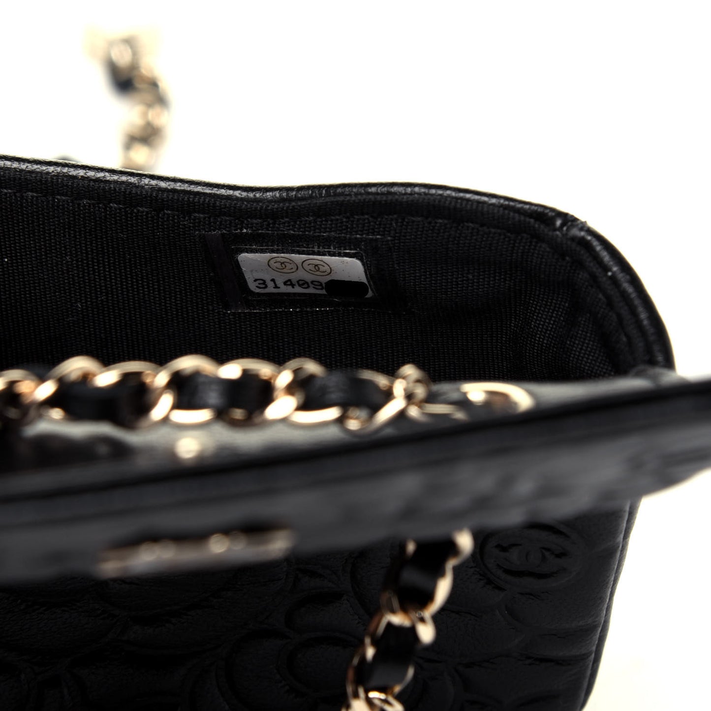 Lambskin Camellia Embossed Chain Belt Bag Black