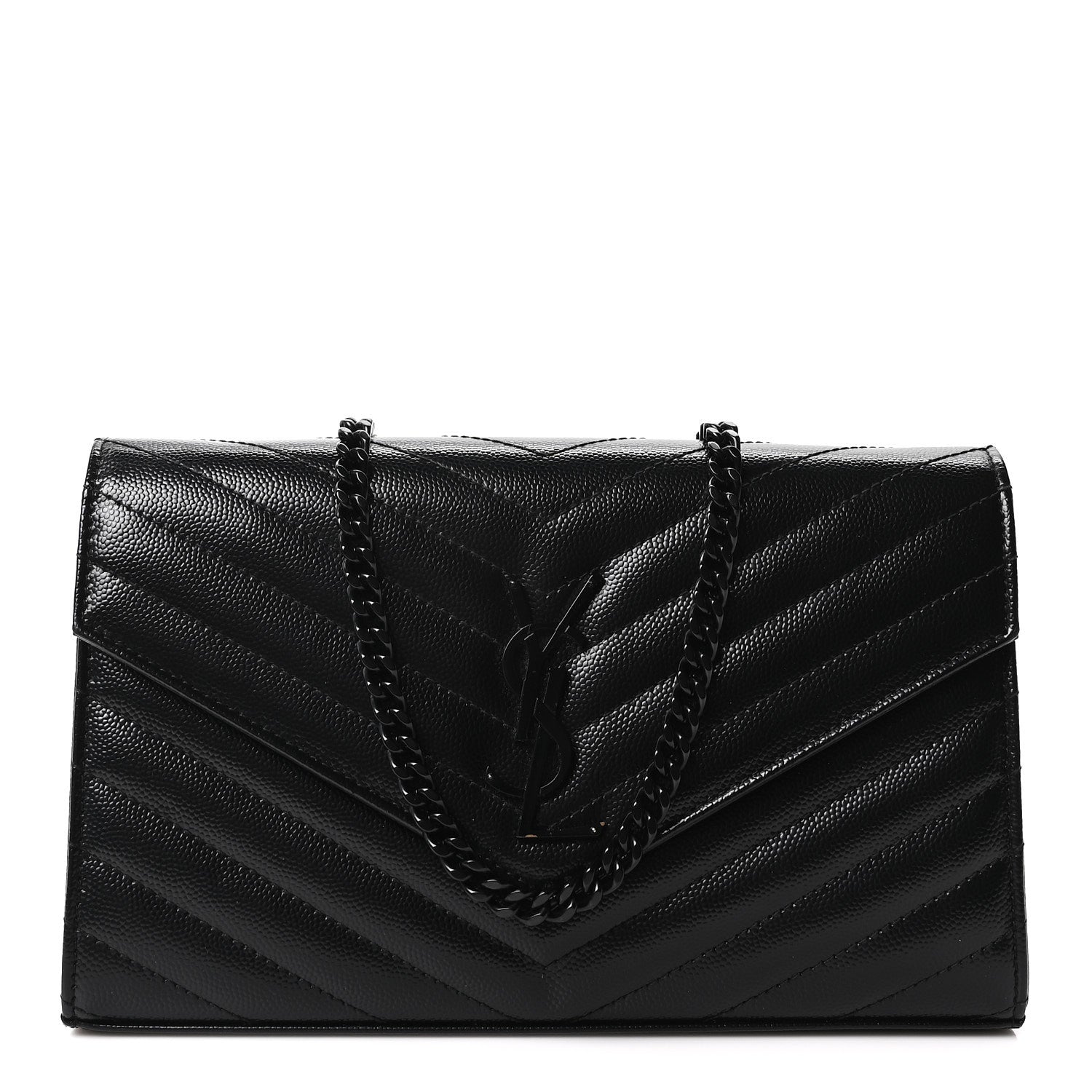 Saint Laurent Grain De Poudre Matelasse Chevron Monogram Monochrome Chain Wallet Black 1 of 10