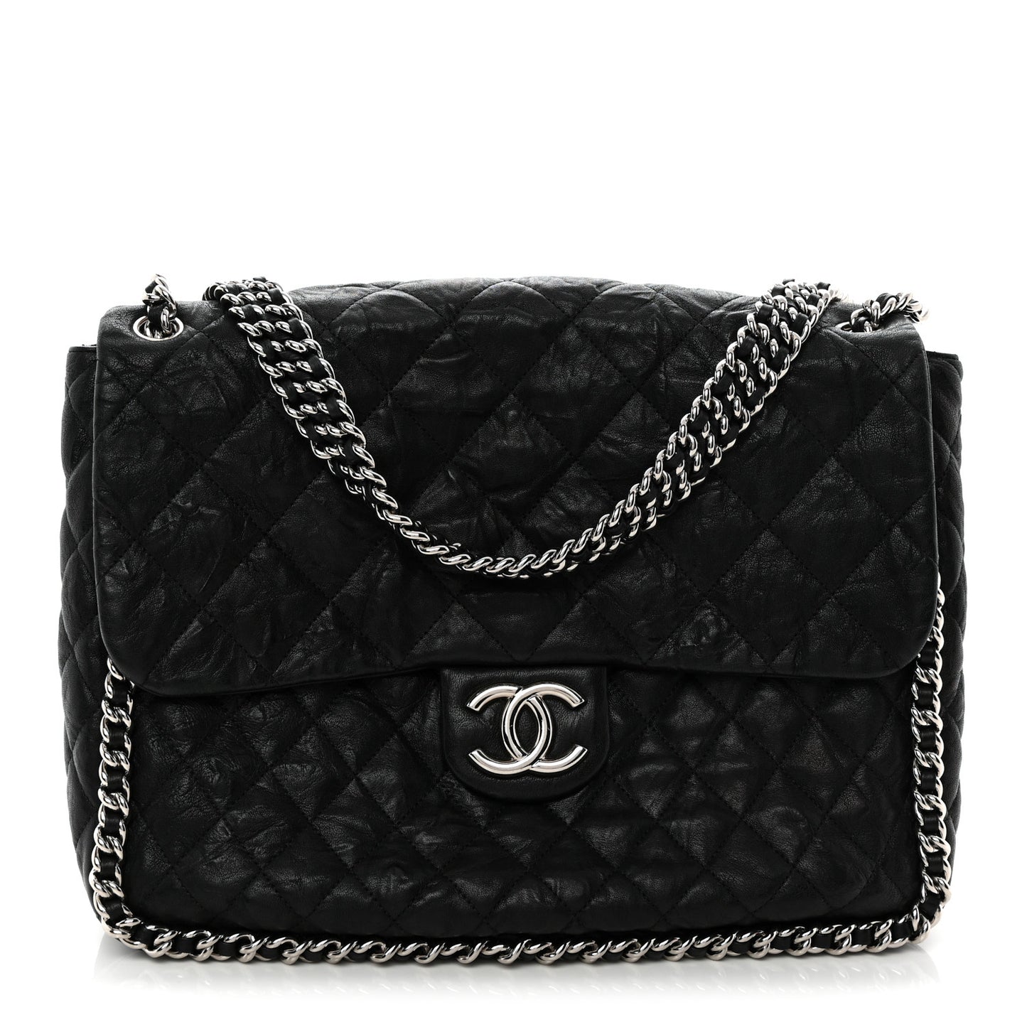 Washed Lambskin Quilted Maxi Chain Around Flap Black