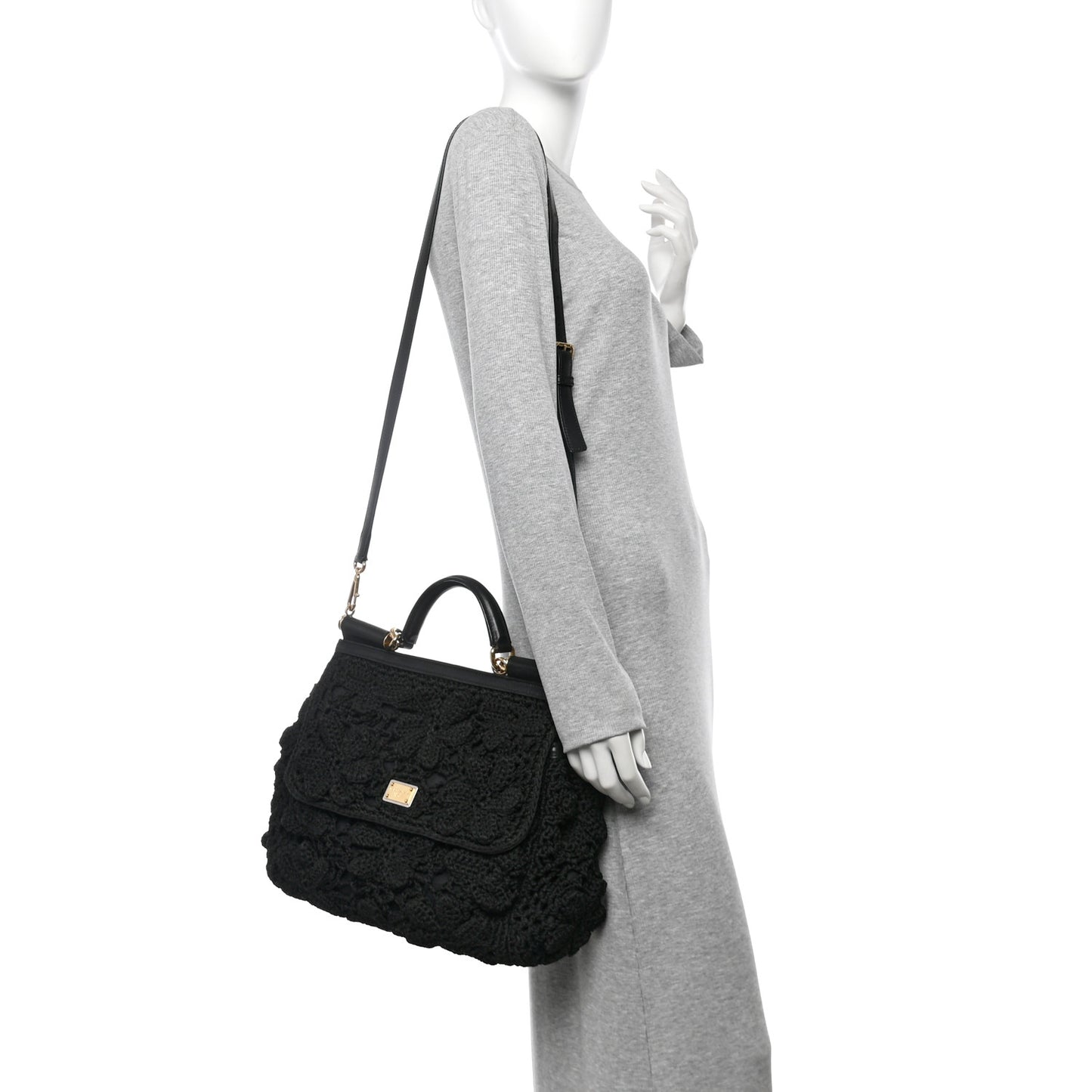 Calfskin Floral Knit Large Miss Sicily Satchel Black
