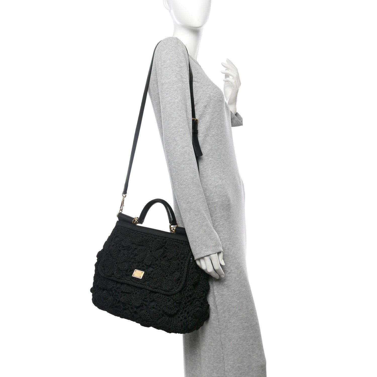 Dolce & Gabbana Calfskin Floral Knit Large Miss Sicily Satchel Black 2 of 9