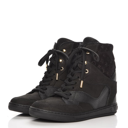 Louis Vuitton Calfskin Suede Monogram Cliff Top Wedge Sneakers 36 Black 3 of 8
