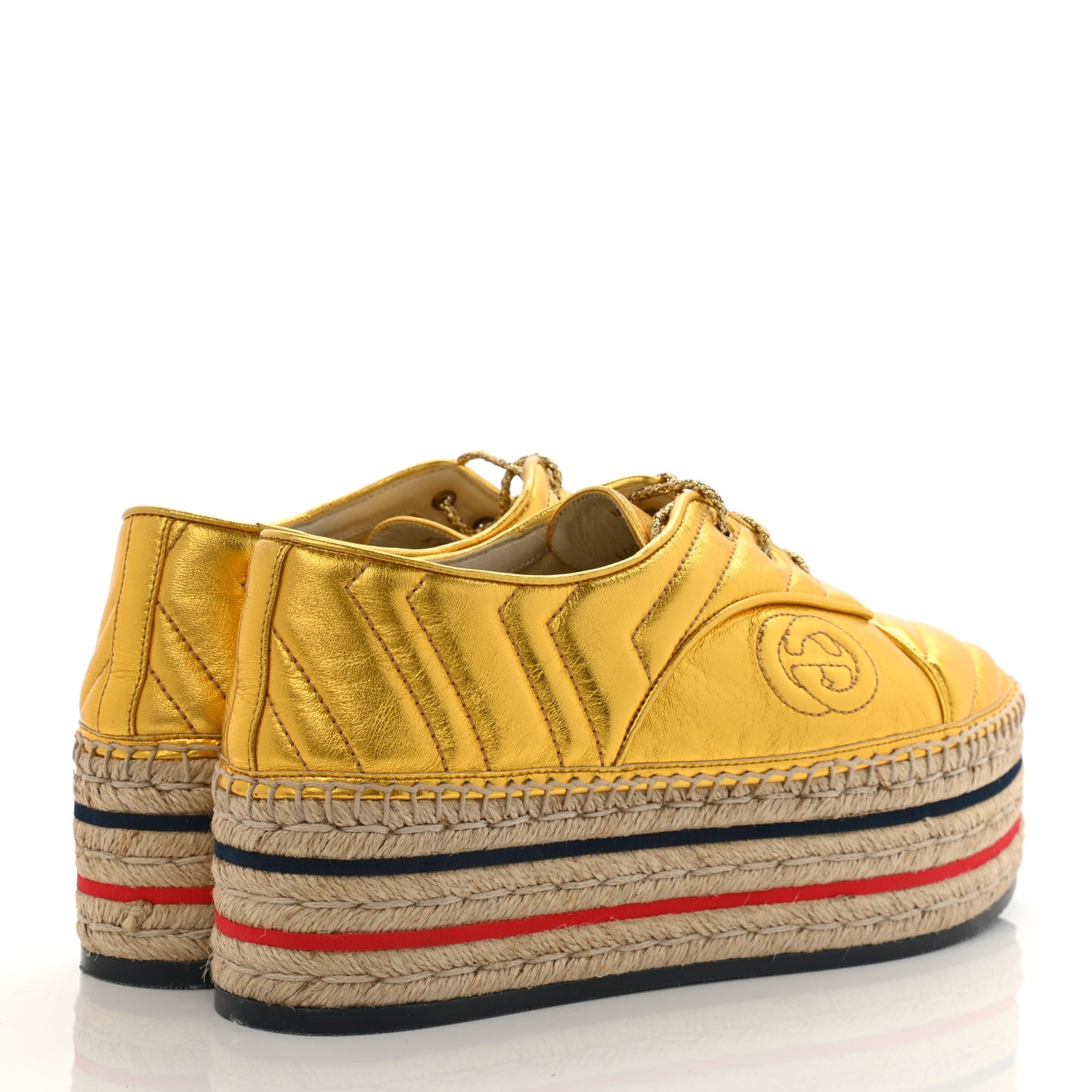 Metallic Nappa Matelasse GG Pilar Flatform Lace-Up Espadrilles 39 Oro Vecchio