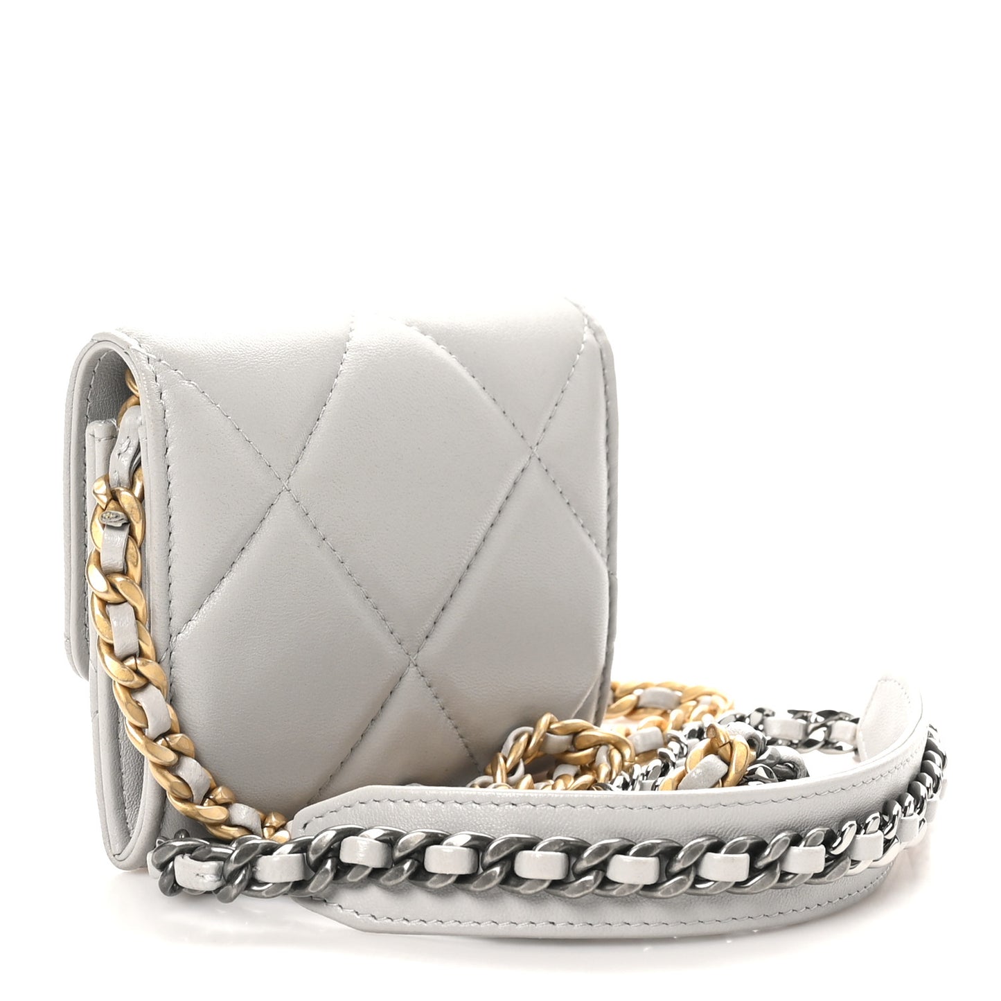 Lambskin Quilted Chanel 19 Flap Coin Purse With Chain Grey