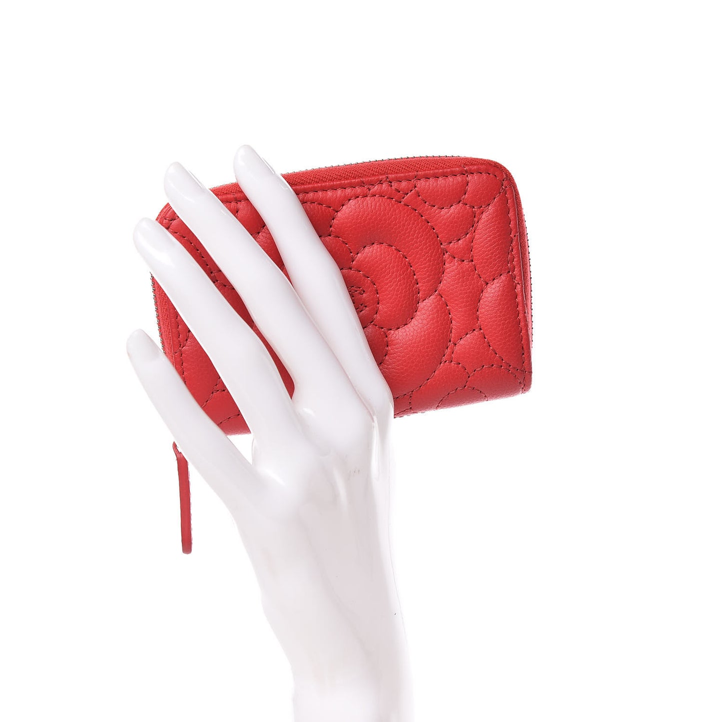 Caviar Camellia Embossed Zip Coin Purse Red