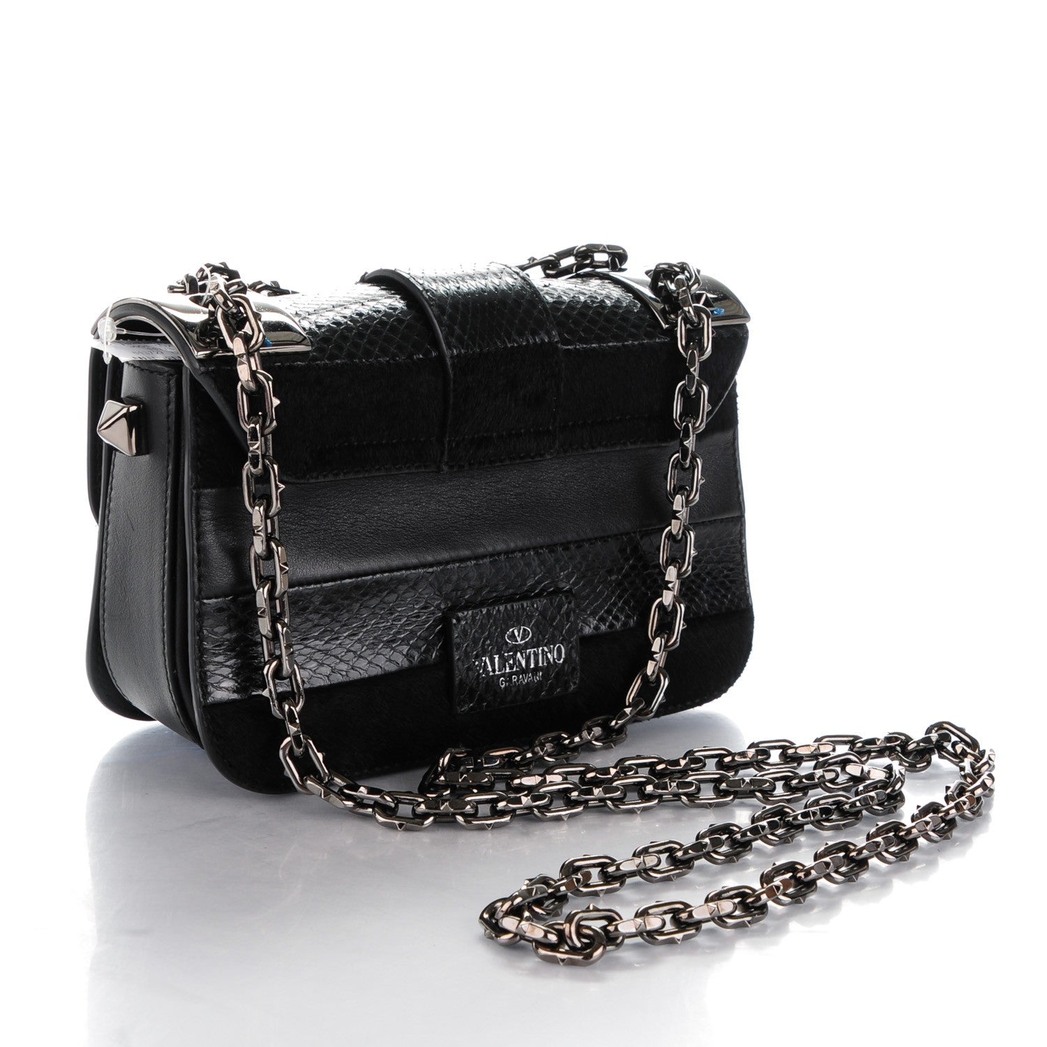 Valentino Garavani Snakeskin Embossed Vitello Calf Hair B-Rockstud Flap Black 3 of 8