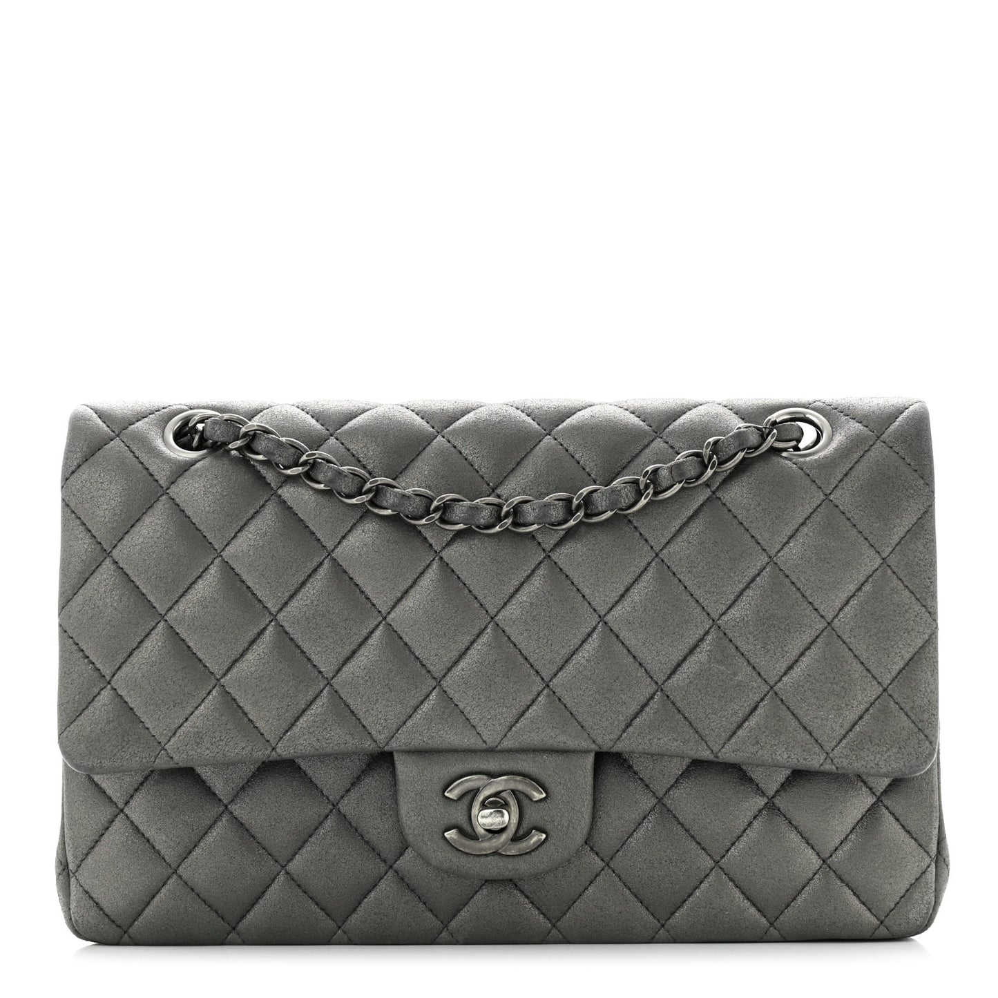 Metallic Lambskin Quilted Medium Double Flap Pewter