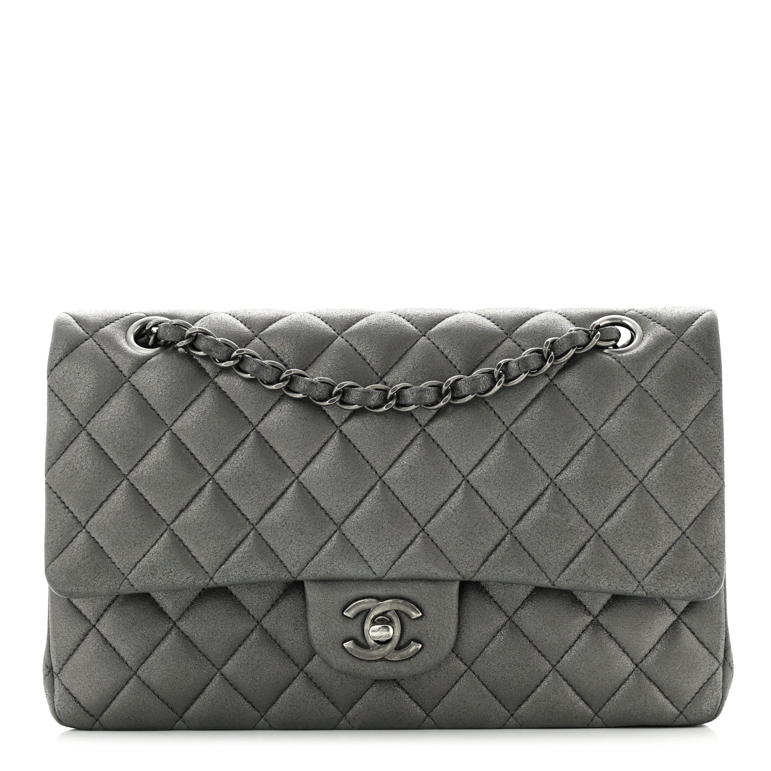 Chanel Metallic Lambskin Quilted Medium Double Flap Pewter 1 of 12