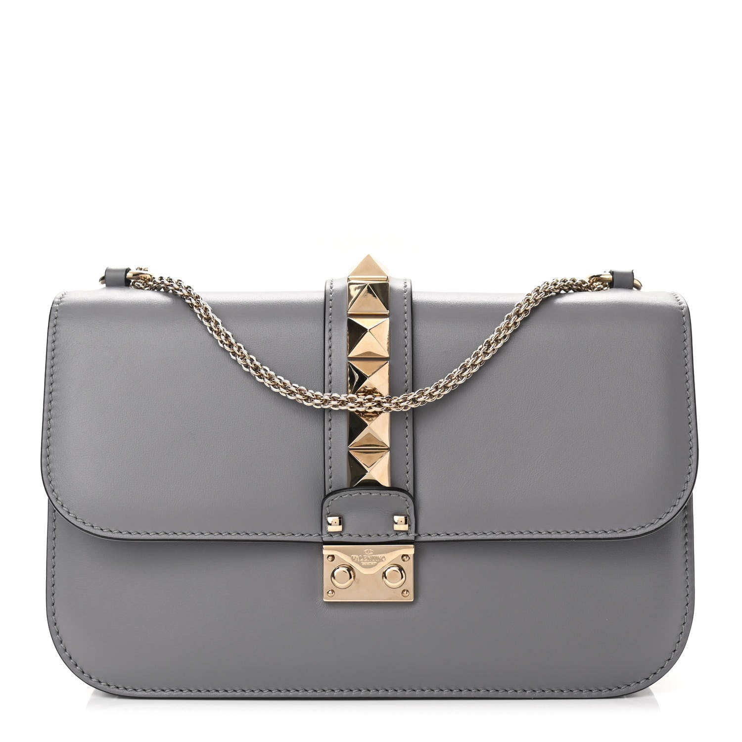 Valentino Garavani Vitello Medium Glam Lock Rockstud Flap London Stone 1 of 8