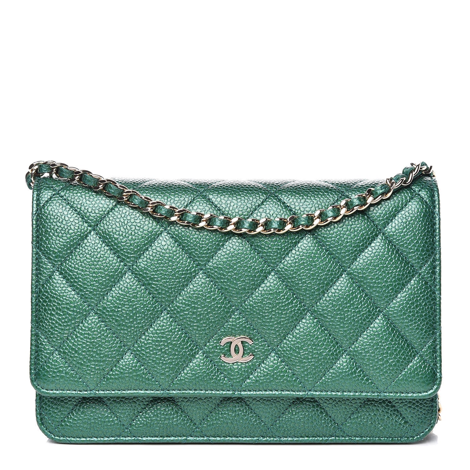 Chanel Metallic Caviar Quilted Wallet On Chain WOC Green 1 of 11
