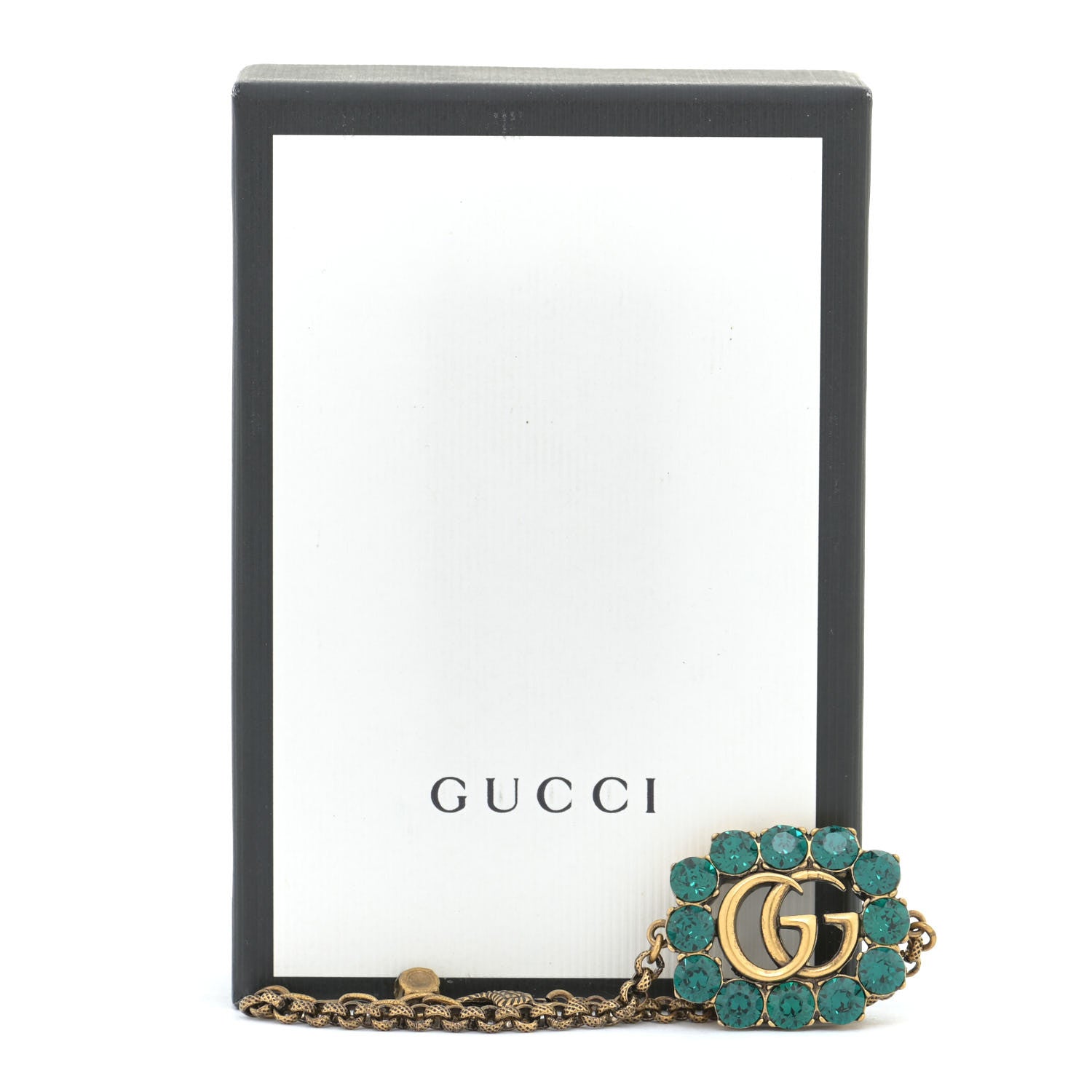 Gucci Oxidized Metal Crystal Double G Bracelet Aged Gold Green 5 of 5