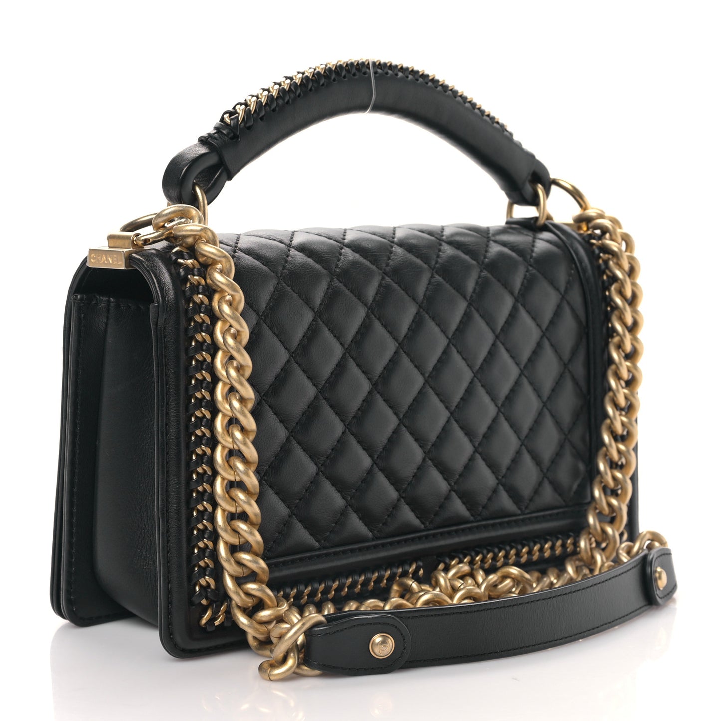 Calfskin Quilted Medium Boy Top Handle Flap Black