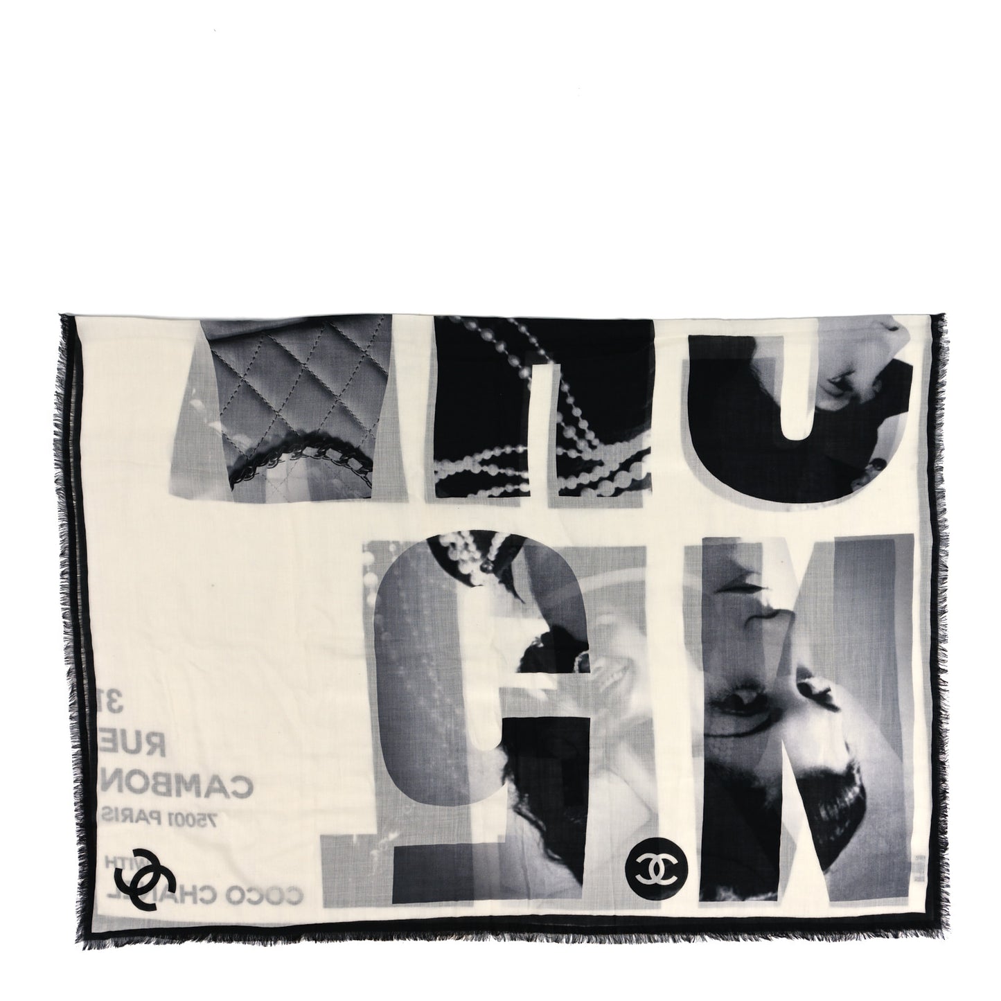 Cashmere Wool Fringe Stole White Black