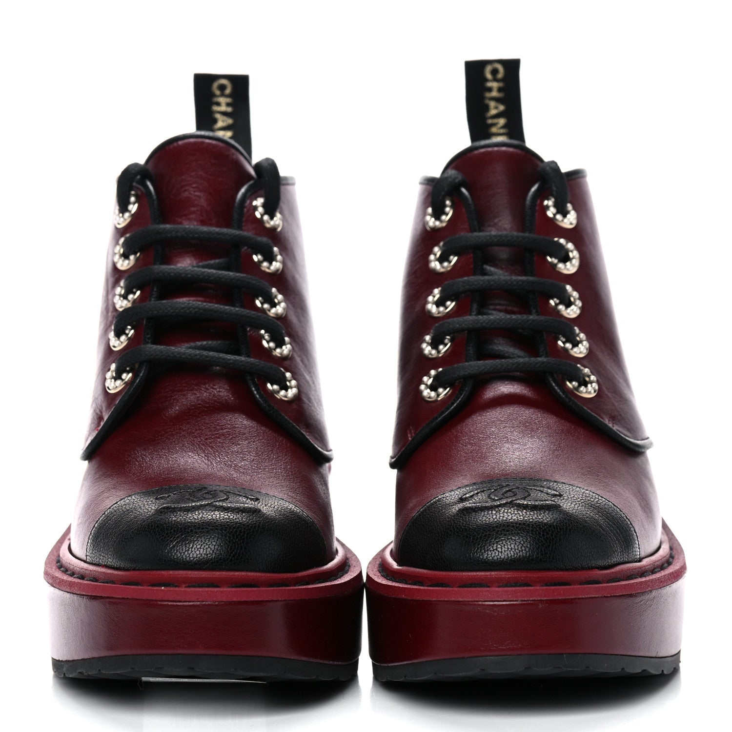 Chanel Shiny Calfskin Pearl Lace Up Combat Short Boots 35 Burgundy Black 2 of 13