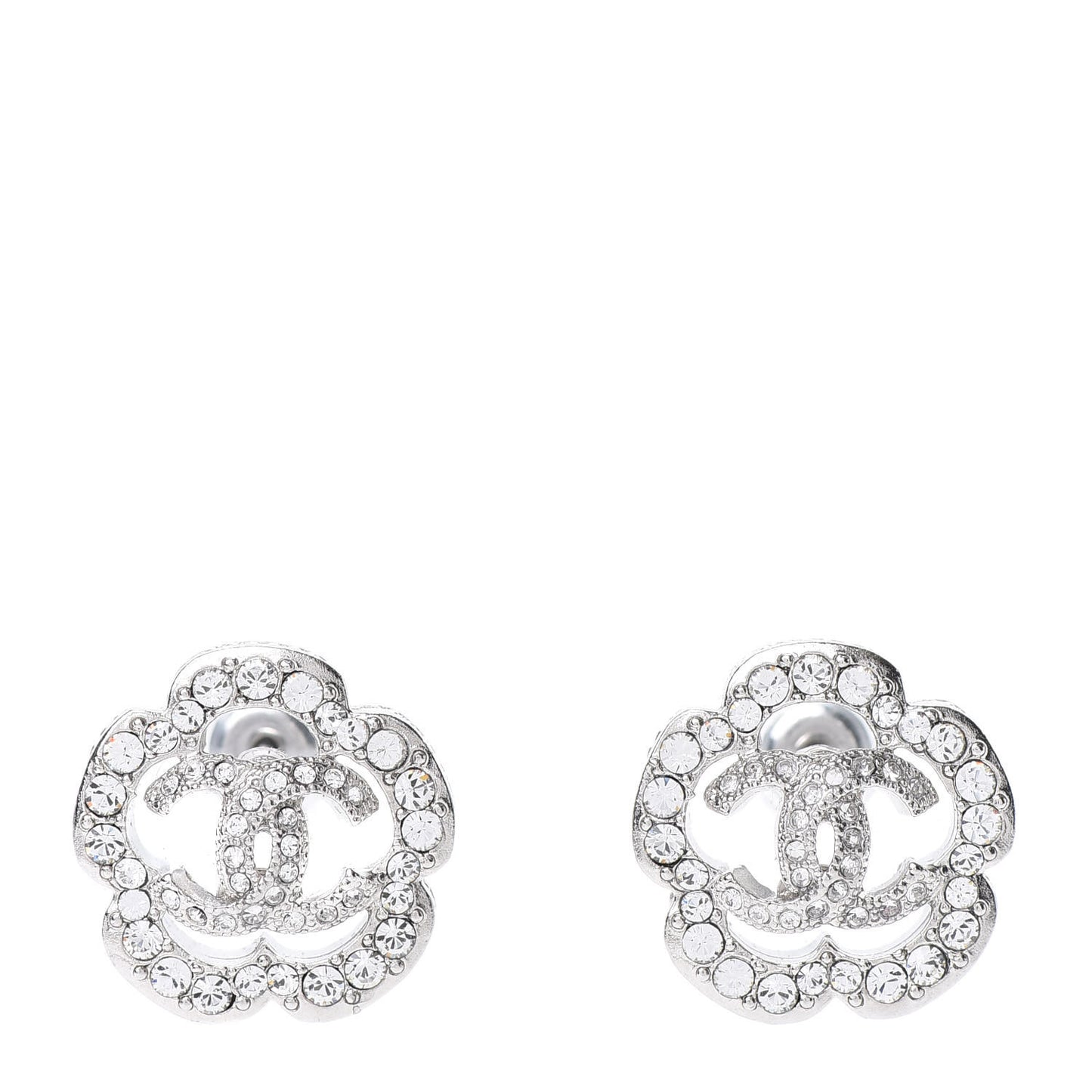 Crystal Coco Flapper Camellia CC Stud Earrings Silver