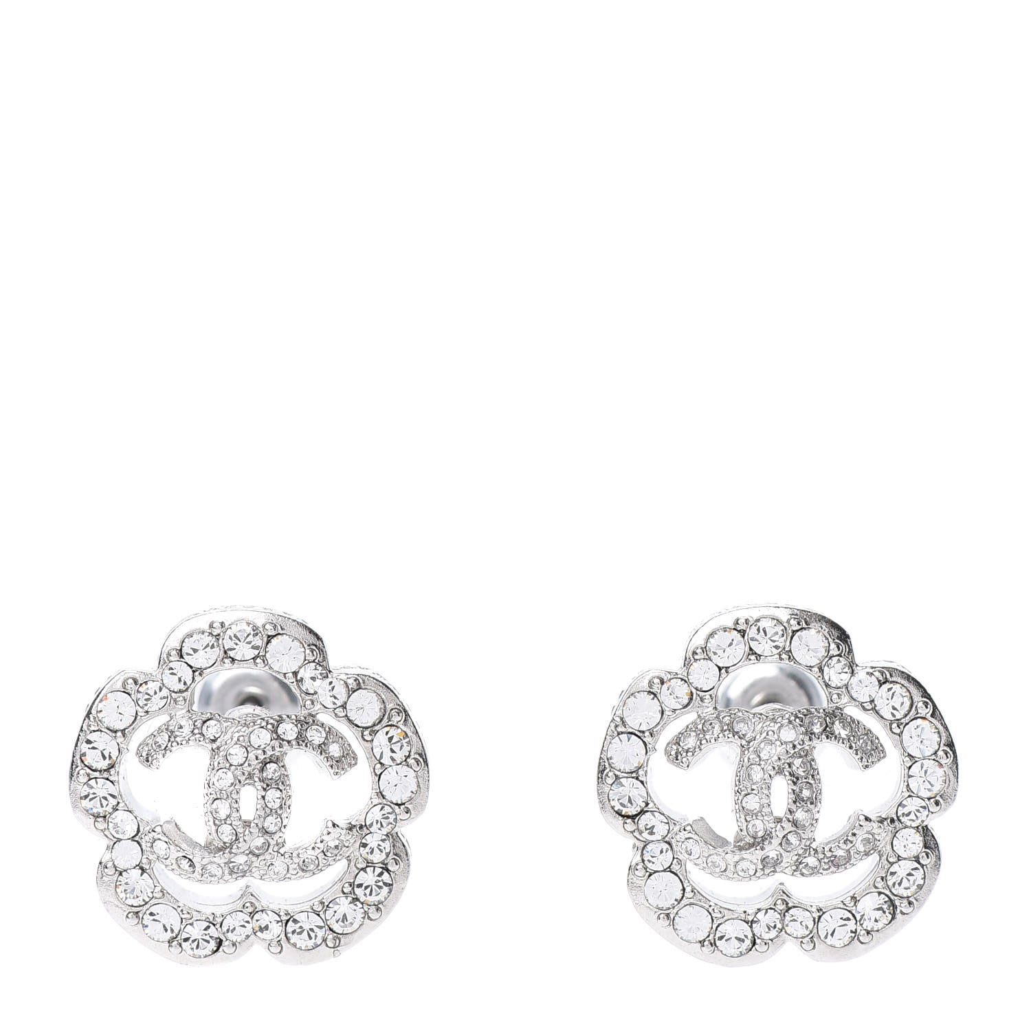 Chanel Crystal Coco Flapper Camellia CC Stud Earrings Silver 1 of 5