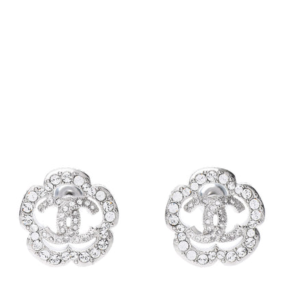 Chanel Crystal Coco Flapper Camellia CC Stud Earrings Silver 1 of 5