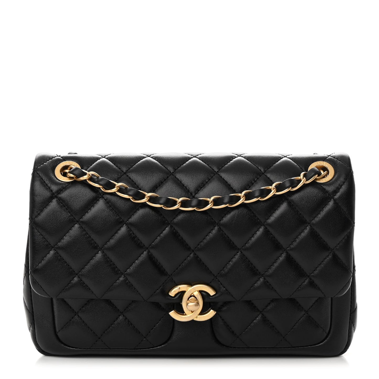 Shiny Lambskin Quilted Small Daily Friend Flap Black