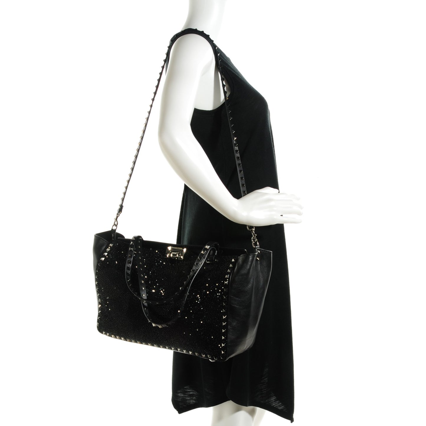 Vitello Crystal Medium Rockstud Tote Black