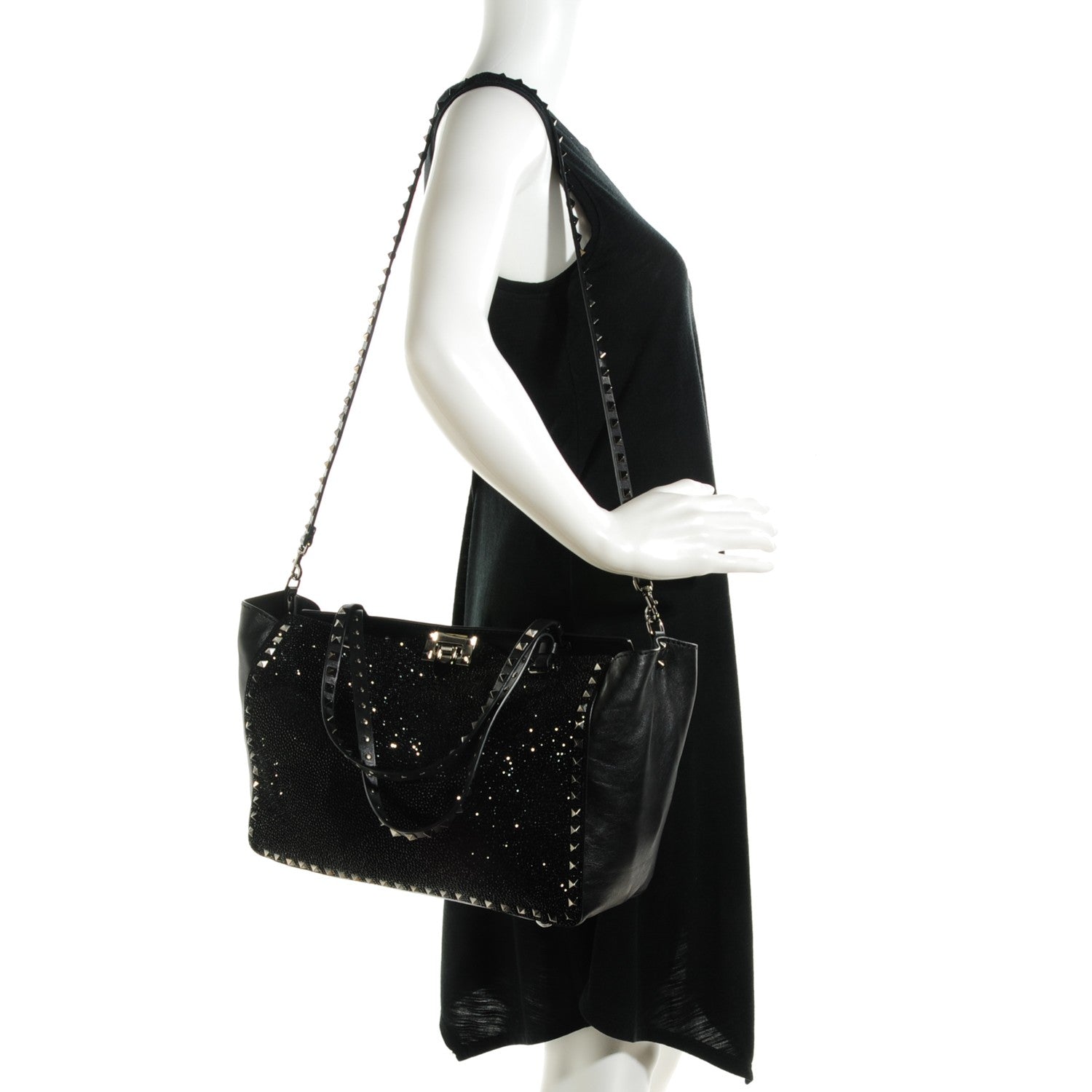 Valentino Garavani Vitello Crystal Medium Rockstud Tote Black 2 of 7