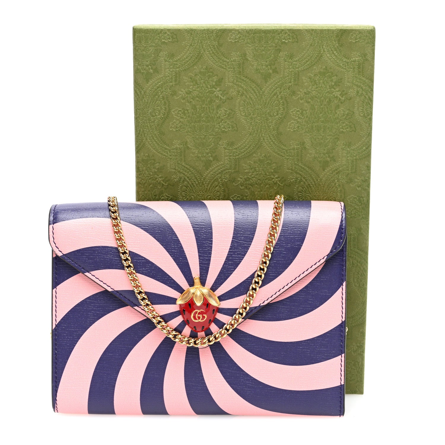 Gucci Textured Dollar Calfskin Enamel Double G Strawberry Wallet On Chain Pink Blue 10 of 10
