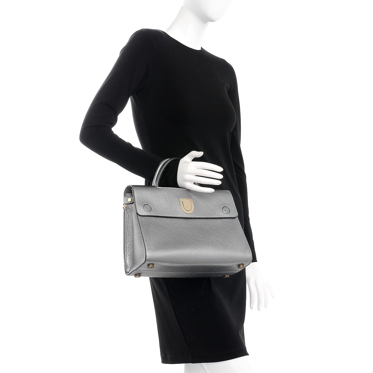 Metallic Grained Calfskin Medium Diorever Flap Silver