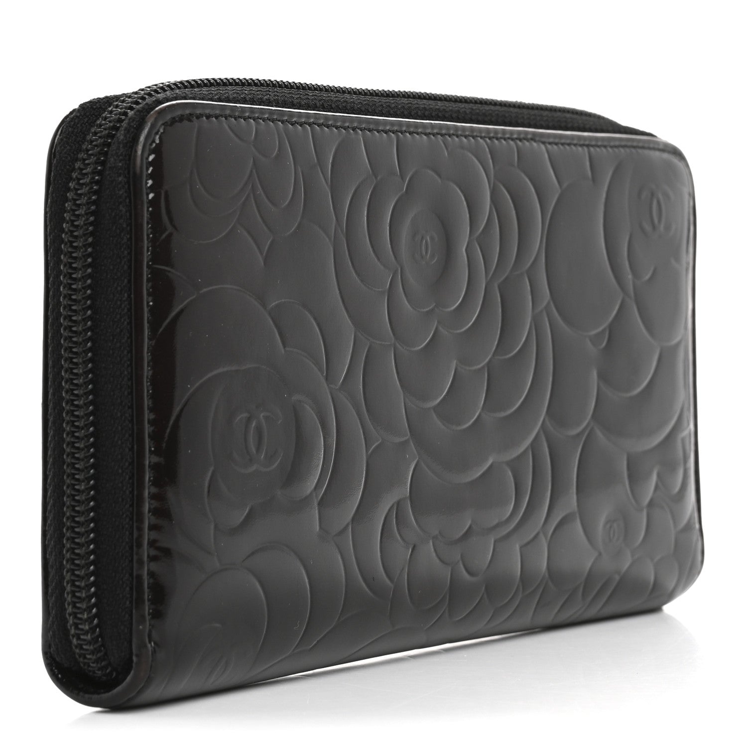 Chanel Patent Camellia Embossed Large Zip Around Gusset Wallet Black 3 of 14