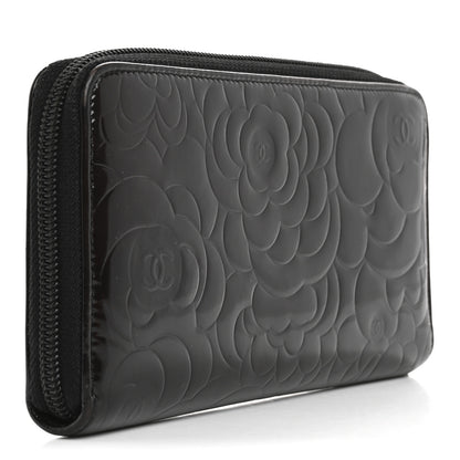Chanel Patent Camellia Embossed Large Zip Around Gusset Wallet Black 3 of 14