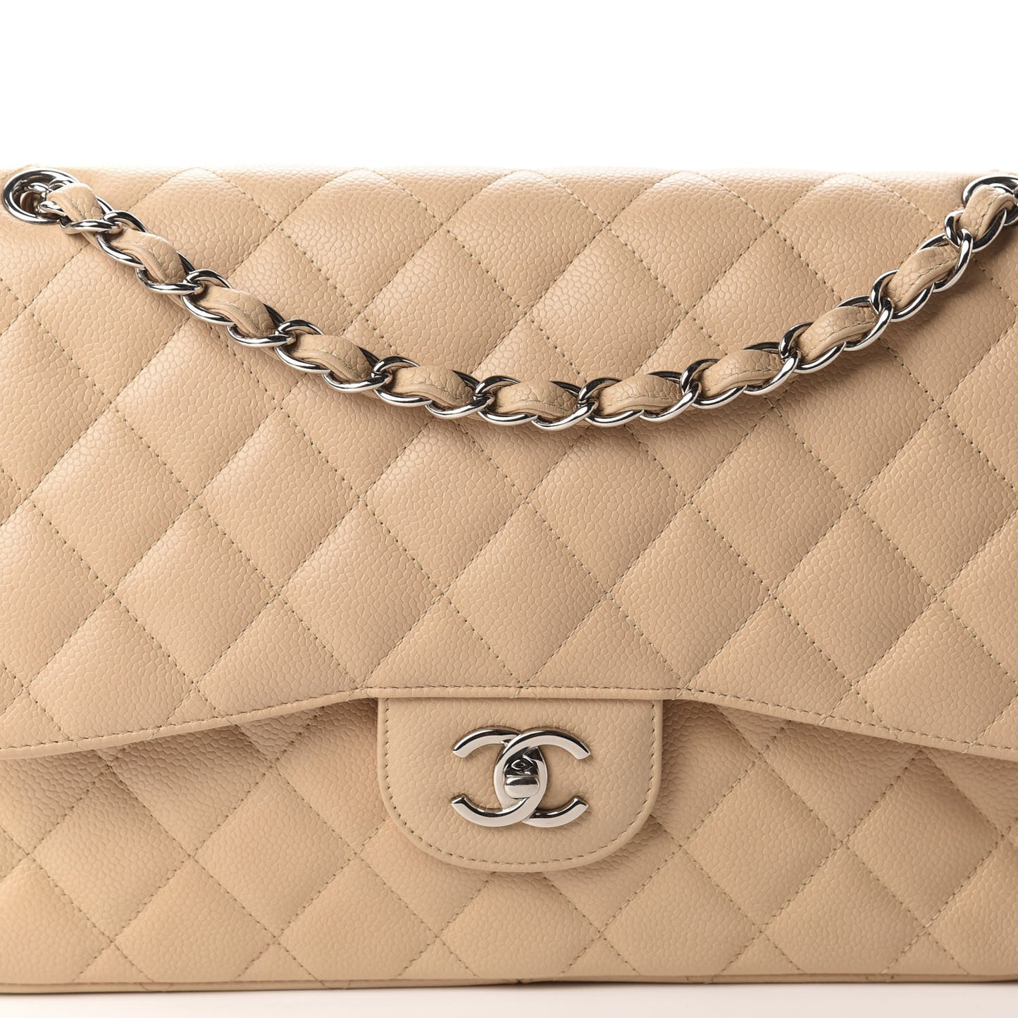 Caviar Quilted Jumbo Double Flap Light Beige