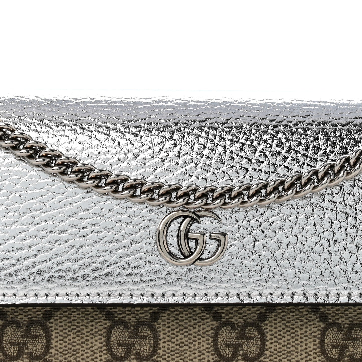 Metallic Calfskin GG Supreme Monogram Petite GG Marmont Wallet Chain Bag Silver Beige Ebony