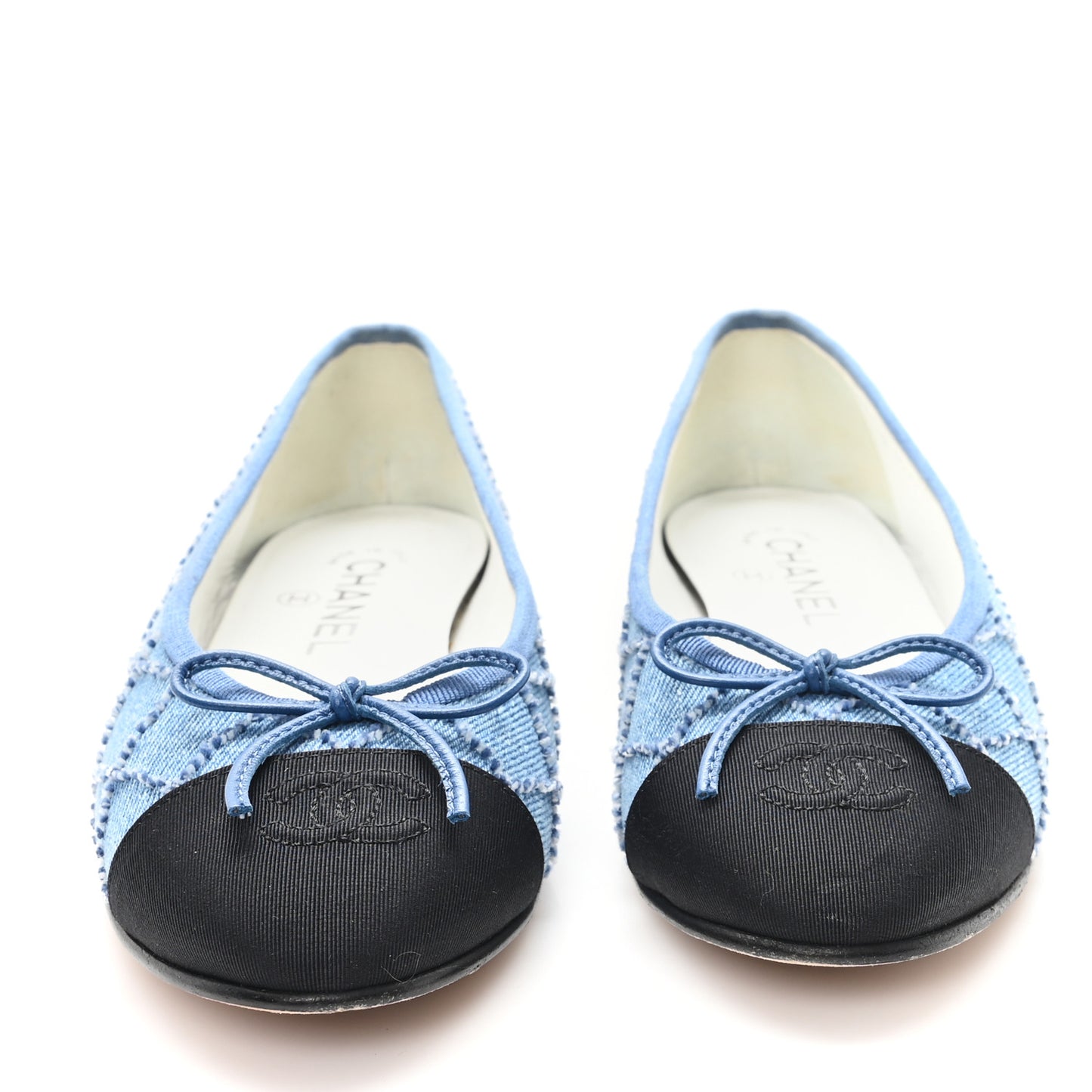 Denim Embroidered Grosgrain CC Cap Toe Ballerina Flats 37.5 Blue Black