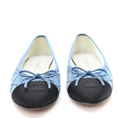 Chanel Denim Embroidered Grosgrain CC Cap Toe Ballerina Flats 37.5 Blue Black 3 of 10