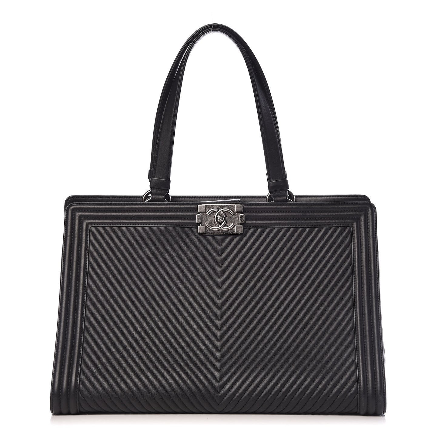 Calfskin Chevron Quilted Boy Shopping Tote Black