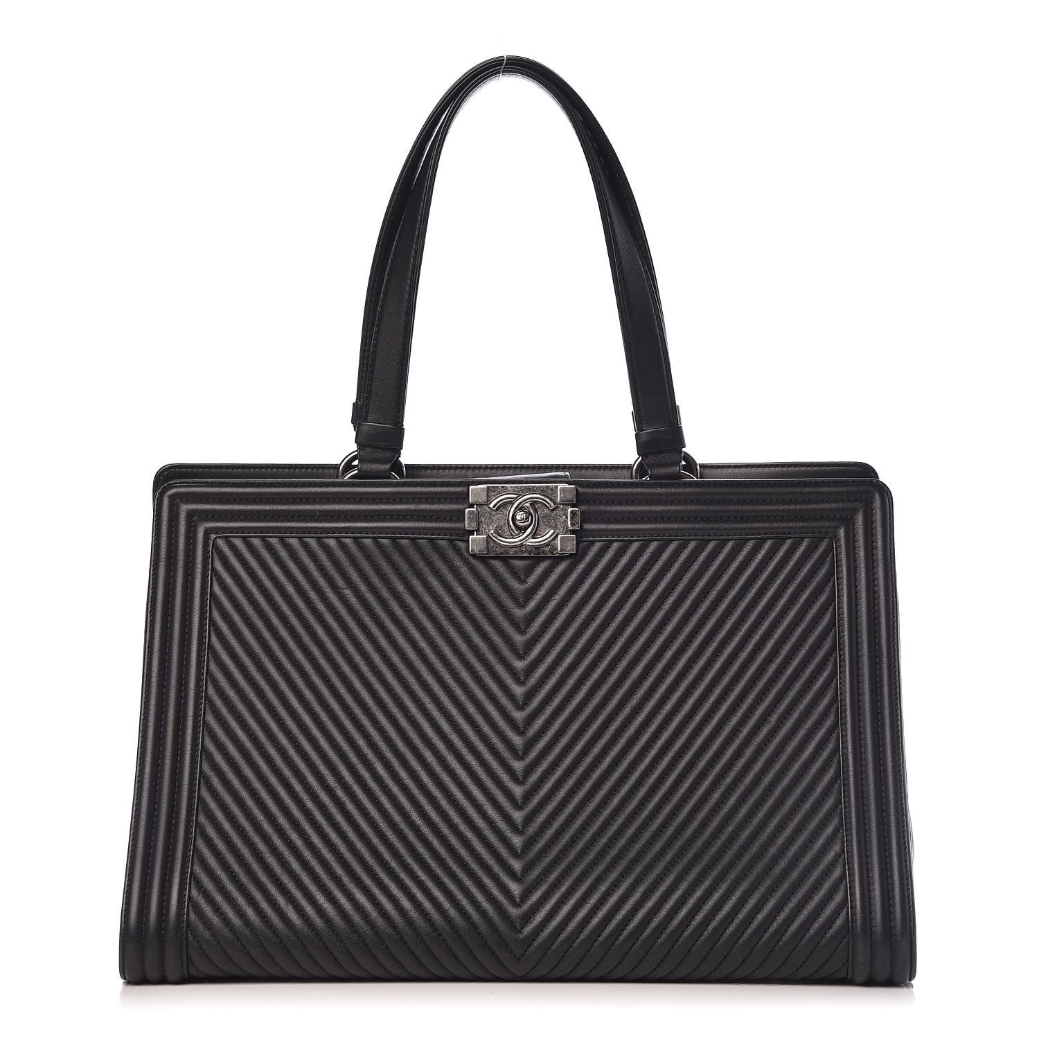 Chanel Calfskin Chevron Quilted Boy Shopping Tote Black 1 of 14