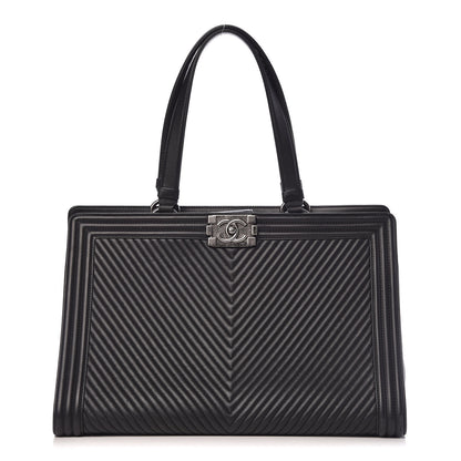Chanel Calfskin Chevron Quilted Boy Shopping Tote Black 1 of 14