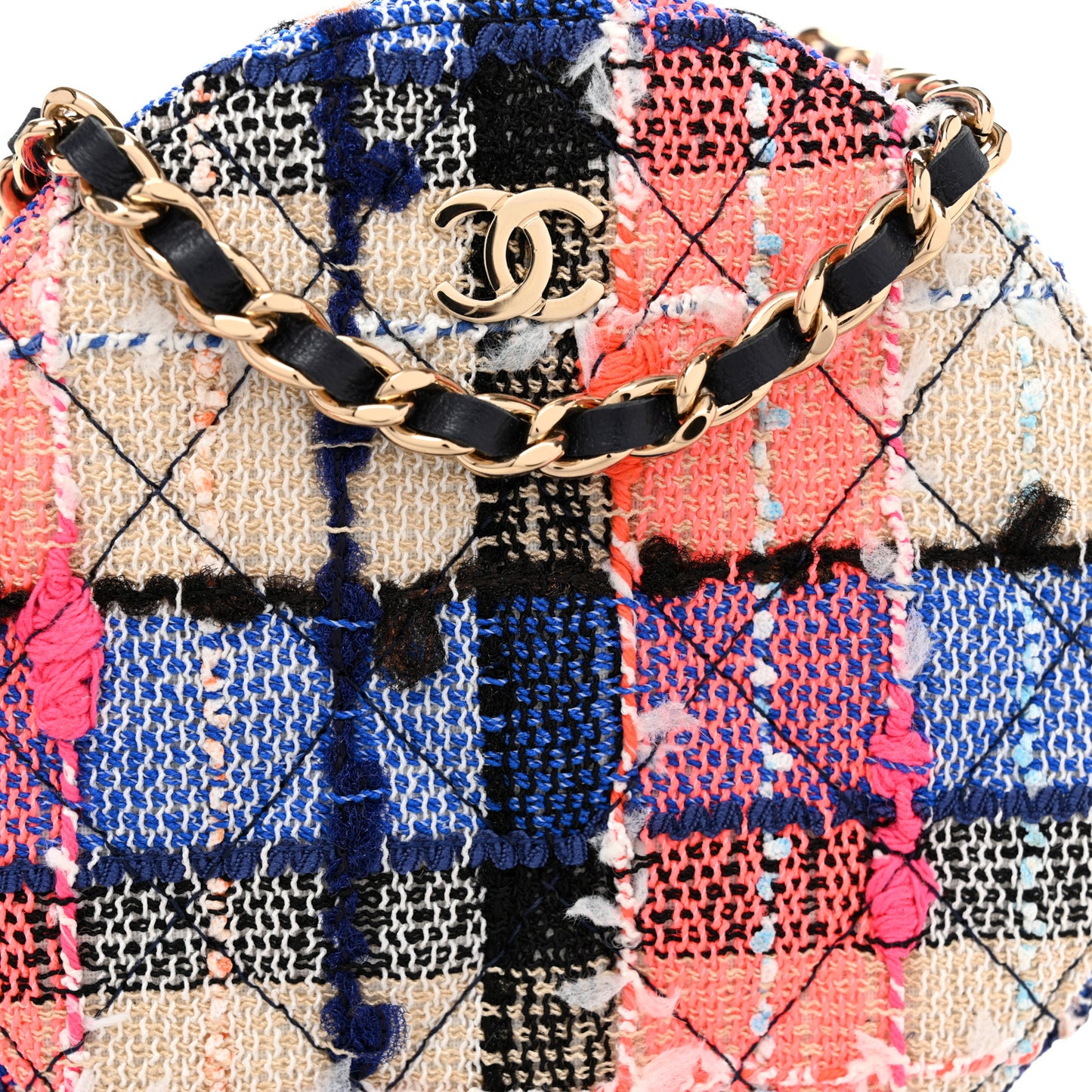 Tweed Quilted Round Clutch With Chain Blue Orange Multicolor